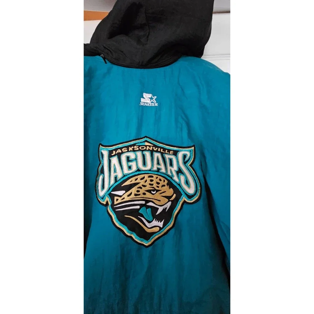 Vintage 90s Starter Jaguars NFL Parka Jacket XL Teal Puffer Banned Logo Hooded